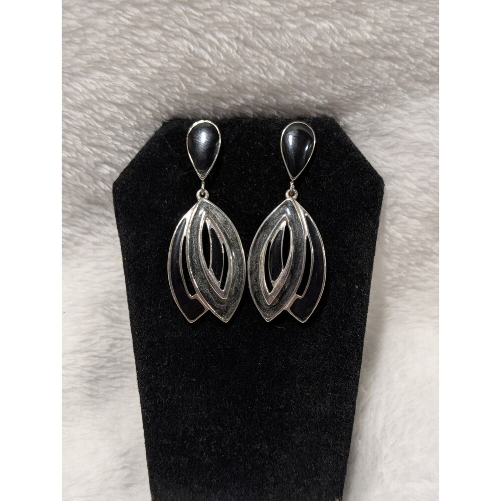 Vintage Modernist Black Enamel Silver-Tone Drop Dangle Earrings